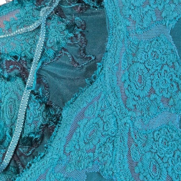 Free People Janelle V-Neck Lace Trim Corset-Style Blouse Teal Balloon Sleeves S - Picture 8 of 13